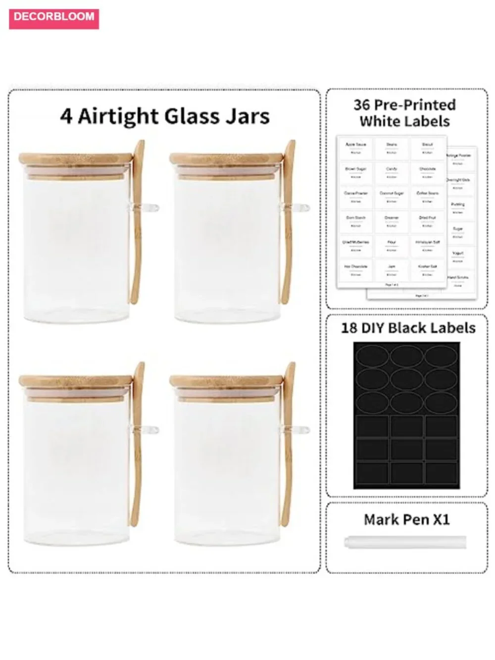 17oz Glass Jar with Bamboo Lid and Spoon - 4 Pack for Kitchen Storage